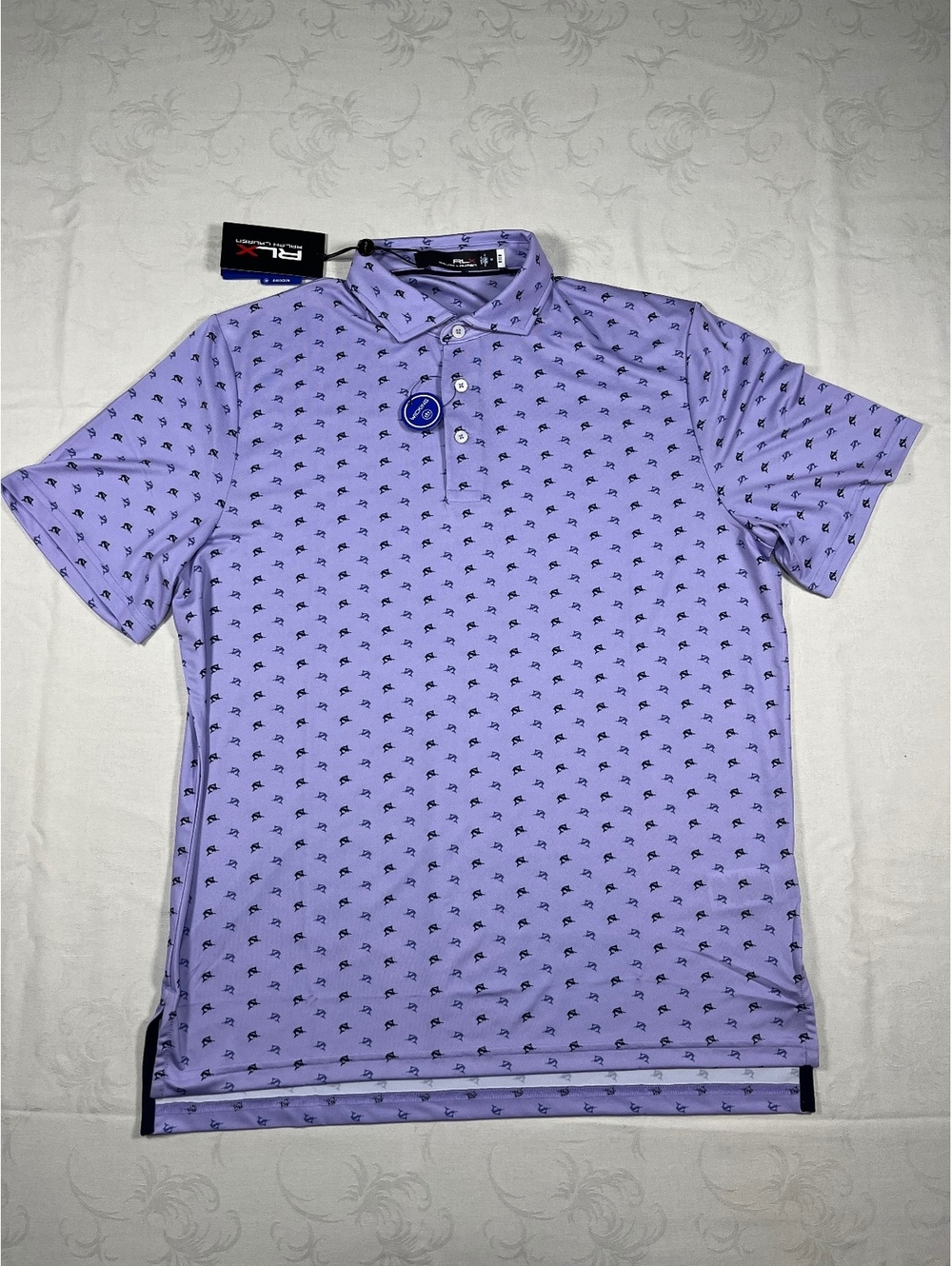 Ralph Lauren RLX Performance Golf Polo Purple Marlin Print Wicking Stretch Med